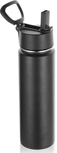 Volhoply 660ml Insulated Water Bottles with Straw Lid, Stainless Steel Sports Bottle with Handle, Double Walled Metal Travel Water Tumbler with Wide Mouth, Reusable Water Flask for School(Black,1 Set)