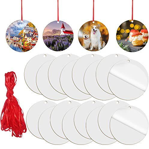 Sublimations-Ornament-Rohlinge, SENHAI 16 Stück, Weihnachtsschmuck, runde Sublimationsrohlinge, MDF, personalisierte Leere Ornamente, Scheiben mit roten Schnüren für DIY-Weihnachtsdekoration