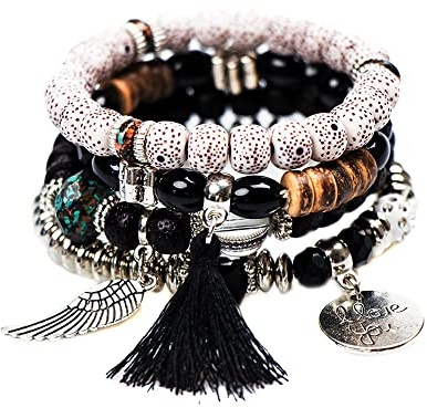 QKEPCY 4pcs Armband-Set mit Quasten Wickelarmband mit Naturstein Perlen Boho Mehrschichtiges Damen Armbänder Marmor-Armband mit Herz Perlen-Handkette verstellbar für Damen und Mädchen
