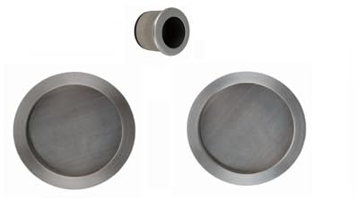 AZERODESIGN- Kit Puerta Corredera- Tirador Puerta Corredera-Tirador Uñero para Puerta Correderas-Rosetas Redondas y Dedal Central-Medidas 56mm y dedal 29mm(NIQUEL SATINADO)