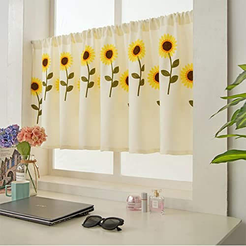 XFAK Sonnenblume Scheibengardine Stickerei Vorhänge Küchenvorhang Landhaus Bistrogardine Halbtransparent Kurzgardine Frühjahr/Sommer, Grün/orange, 40-300cm (Color : Sunflower, Size : W90CMxH45CM)