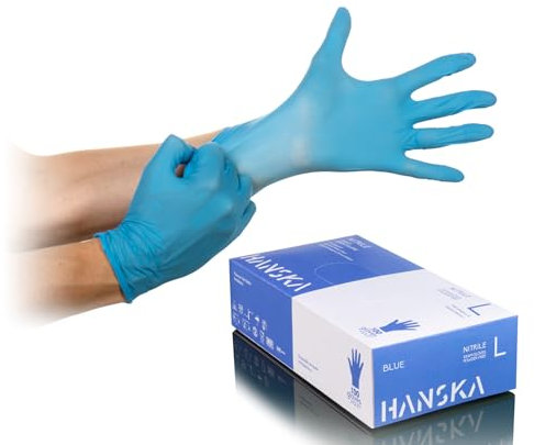 HANSKA 100 Guanti Monouso Nitrile Blu - Senza Polvere - Usa e Getta- Ambidestri - Non Sterili - Base di Gomma - Adatti per Ambiti Medici, Manipolazione degli Alimenti (100, L)