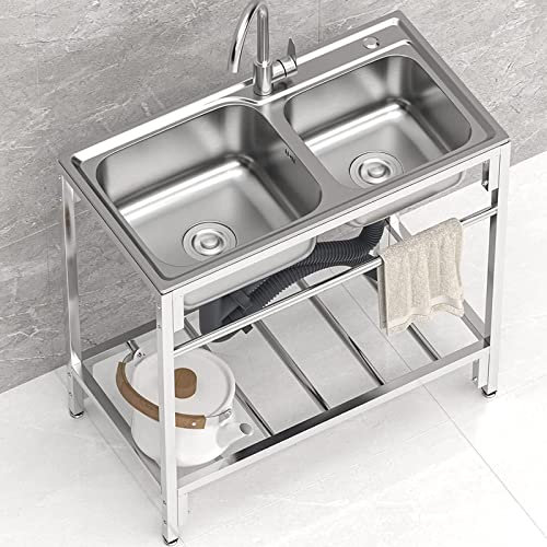2 Compartment Stainless Steel Commercial Kitchen Sink With Cold Hot Water Pipe, Undershelf Tap for Outdoor, Garage, Laundry, Utility Room - 80cm