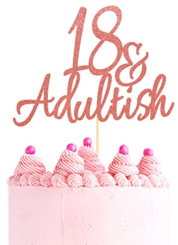 Arthsdite 18 & Adult-ish Cake Topper, 18 and Adultish Cake Pick, Time to Adult/Eighteen Birthday Cake Decor, Happy 18th Birthday Party Decoration Supplies - Rose Gold Glitter