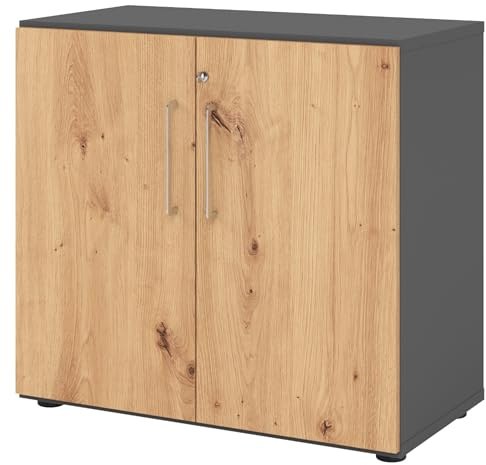 bümö Aktenschrank abschließbar, Büroschrank Holz 80cm breit in Graphit/Asteiche - abschließbarer Schrank mit Aktenregal für's Büro & Arbeitszimmer, Büro Möbel Ordnerschrank mit Schloss