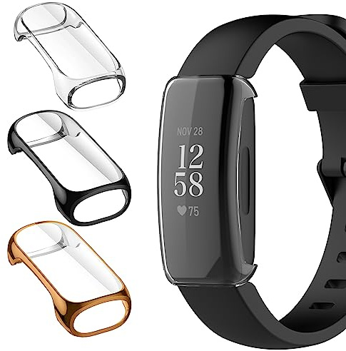 KZIOACSH Case for Fitbit inspire 3/Fitbit inspire 2 with Screen Protector, 3 Pack Soft TPU Bumper Protective Case All-Around Shockproof Thin Protective Case Cover Shell,Black+Clear+Rose Gold