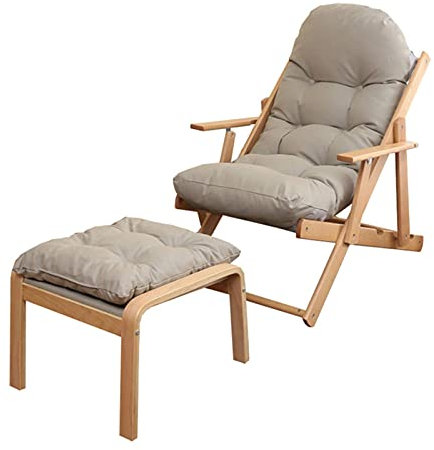 VVHUDA Klappbarer Loungesessel aus Holz mit 3-Fach Verstellbarer Rückenlehne, gepolsterter Sofastuhl für Terrasse/Garten/Balkon, Freizeitsessel, mit Fußhocker small Gift