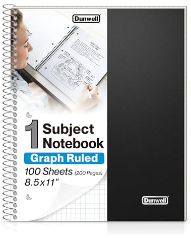 Dunwell Graph Paper Notebook 8.5 x 11 (Black) Plastic Cover, 100 Sheets (200 Pages), 4x4 Squares, 1 Subject Graph Paper Spiral Notebook, 1/4 Grid, Pocket Divider, Easy Tear-Off, 3-Hole Punched
