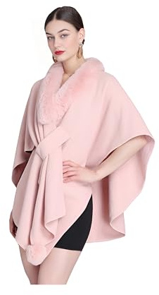 Proumhang Damen Kunstpelz Cape Wrap Shrug Wolle Winter Warm Stola Schal Modischer eleganter gestrickter Cardigan Poncho mit offener Front Einheitsgröße Rosa