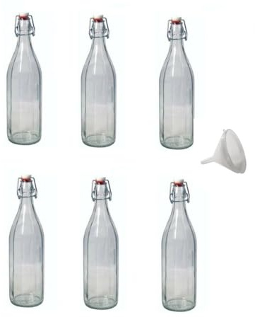 mille idee 6 Bottiglie bottiglia vetro con tappo meccanico 1 litro e imbuto in plastica