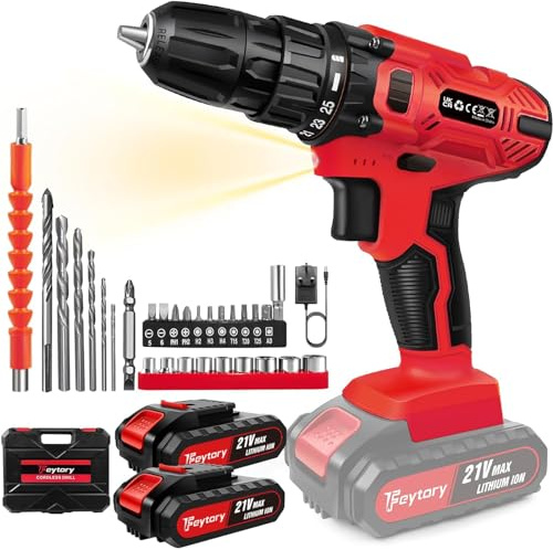 Avvitatore a batteria da 21 V, set con 2 batterie da 1500 mAh, 2 marce, 25 + 1 livelli di coppia, mandrino da 3/8 pollici, 29 punte per trapano/avvitatore, luce LED, progetto fai da te