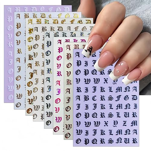 8 Bögen Nagelsticker im altenglischen Stil, schwarz-weiße Buchstaben, Laserglitzer, goldene Buchstaben, Alphabet-Nagelsticker für Frauen und Mädchen