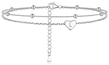 PROSILVER Buchstabe L Fußkettchen 925 Silber Initiale Charm mit 22+5cm zweilagige Knöchelarmband Fußkette mit Herz Sommer Strand Urlaub Fußschmuck Accessoire für Damen Mädchen