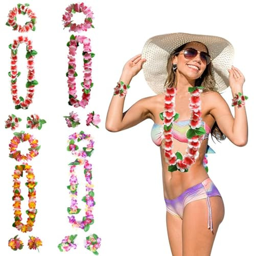 PLABBDPL 16-teiliges Set Hawaiiketten Hawaii Blumen kette Blumenketten Hawaiian Kette Haarband Armbänder Grasrock Party Kostüm Zubehör Blumenkette Für Cheerleading Geburtstags Karnevals Strandpartys