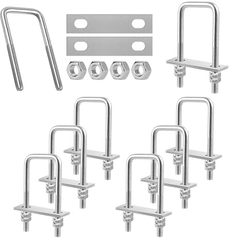 GOEDCH Pernos en U Cuadrado: 8-Piezas Pernos en U Cuadrados Inox con 32 Tuercas y 16 Placa de Marco, 40 × 100mm Perno de Abrazadera en U para Tuberías, Industriales y remolque de barco