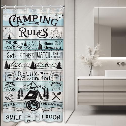 AMBZEK Duschvorhang für Wohnmobile, Wohnmobile, Camping, Regeln, 91,4 x 183,9 cm, schmal, Reiseanhänger, rustikal, blaugrün, Holz-Zitate, Kunstwerkstoff, Stoff, wasserdicht, Polyester,