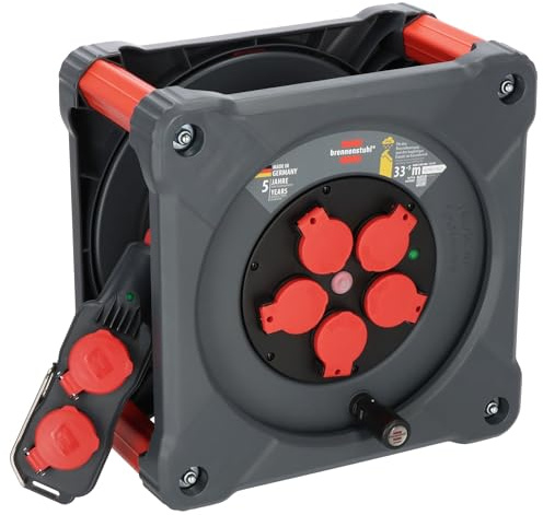 Brennenstuhl Professional Baustellen-Kabeltrommel mit Powerblock KC 3200 5 | 33+5m, H07RN-F 3G2,5 Kabel in schwarz, 5 Schutzkontakt-Steckdosen, ständiger Einsatz im Freien, Made in Germany