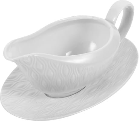 Cabilock Salsera De Cerámica Blanca 255 Ml Con Asa y Platillo, Jarra Para Servir Salsa y Leche, Cuenco Para Condimentos Para Cocina y Mesa, Set Práctico y Funcional