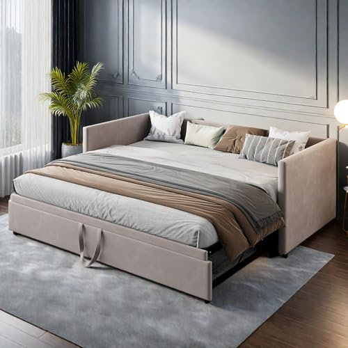 DAHUEN Schlafsofa, 2-Sitzer, Schlafsofa, ausziehbar, 90/180 x 200 cm, mit Lattenrost, Samt, Grau (ohne Matratze) (Grau)