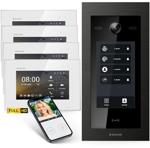 Balter EVO-HD Video Türsprechanlage mit Touchscreen Türstation, Video Türklingel, Smartphone App, 4 Familienhaus, 4X Monitore, Türklingel mit Kamera Full HD, 2 Draht Bus, 175° Weitwinkel, RFID