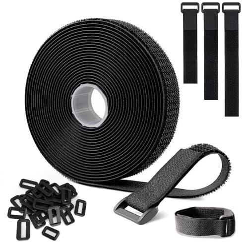 Adjustable Cable Straps 5m with 25 Buckles Free Cut Length, Reusable Fastening Cable Ties, Hook and Loop Securing Strap for Cable Tidy, Wire Management, Cord Organiser, Black 2cm Wide