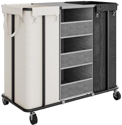 WOWLIVE Laundry Sorter 2 Section 200L Rolling Laundry Hamper with Hanging and Removable Bags Laundry Cart with Steel Frame and Storage Unit Large Basket Organizer for Dorm, Bathroom (Beige and Black)
