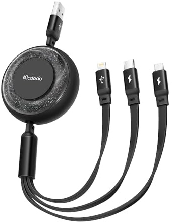 mcdodo Câble de charge multi-USB 3 en 1 rétractable avec câble de charge universel enroulable Micro USB C Lightning pour iPhone, Android Samsung Galaxy (noir pro)