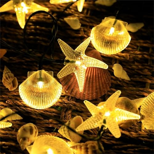 Fansu Guirnaldas Luminosas de Exterior, Guirnalda Luces Estrellas de Mar/Conchas, Cadena de Luz Solar Exterior, para Decoración Fiesta Jardín Patio Terraza Pergola Boda (Colores Cálidos,22m/200LED)
