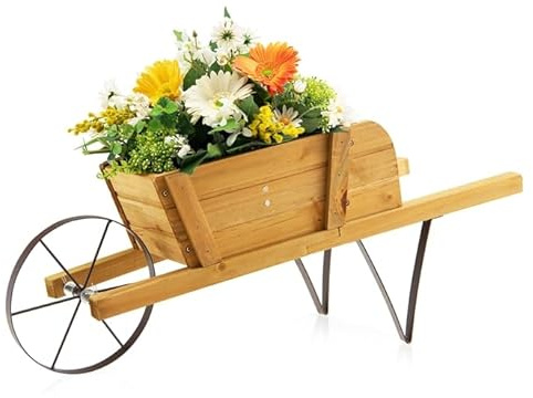 GOPLUS Carrito de Madera Decorativa con 1 Rueda y Mango, Macetero Exterior con 9 Accesorios Magnéticos, Jardinera Jardín para Terraza, Patio, 69,5 x 26 x 29,5 cm (Nogal)