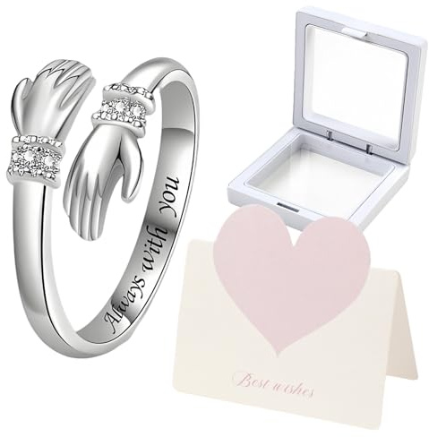 Verazquy Hug Rings with greeting card for Women Engraved Words Simple Open Adjustable Rings with Hugging Hands,Eternal Love Jewelry Gift for Mother Daughter Sister Birthday Friendship.