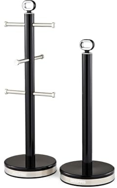 GEEPAS Retrovive Mug Tree and Towel Pole Set | Rust Corrosion Free Carbon Steel Material Non-Slip Base Free Standing Design Kitchen Counter Storage Space Saver | Holds Upto 6 Mugs | Black