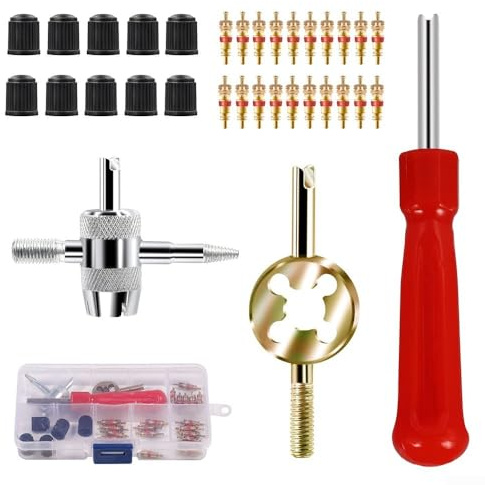 33pcs Tire Valve Repair Tool Kit with 4-in-1 Valve Stem Removal Tool, Single and Dual Head Core Removers, Valve Cores and for Car, Bike, Motorcycle and Truck Maintenance