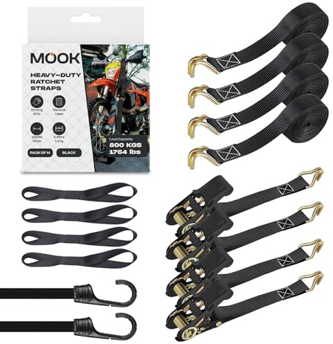 MOOK 4PCs Heavy Duty Ratchet Straps with Hooks – 4PCs 6M x 25MM Tie Down Straps with J Hooks, 4 Soft Loops, 2 Bungee Cords – 800KG Load Capacity – Secure Cargo for Car, Trailer Motorcycle – 14 PCs Set