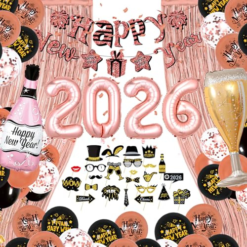 YEJIKJ Rosegold Silvester Deko 2026, Rosegold Partyzubehör Set, 2026 Silvester Deko Dekoration Set, Happy New Year 2026 Neujahrsdeko mit Fotorequisiten Konfetti Ballons