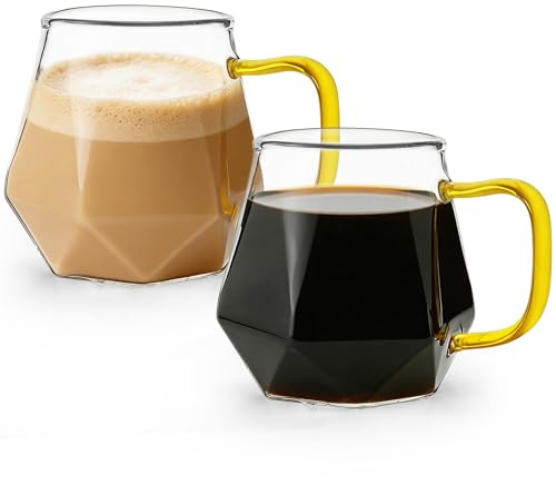 LONTOM 350ml Coffee Mugs Set of 2,Clear Glass Diamond-Shaped Coffee Mugs with Handle,Latte Glasses,Tea Cups,Glass Mugs for Espresso,Latte,Tea,Milk,Juice,Beer Hot or Cold Beverage