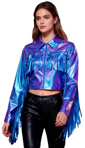 YiZYiF Metallisk jacka för kvinnor med fransar glitter tofs bomberjacka holografiska toppar disco rave festival top klubbkläder, Regnbågsskimrande, 3XL