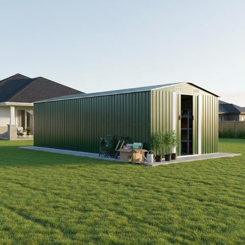 Abri de Jardin métallique 257 x 580 x 181 cm, Vert, avec Double Porte coulissante et Ventilation, et Plancher pour Outils et mobilier de Jardin.