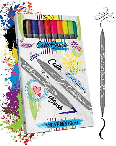 Parure Calli.Brush, 10 stylos feutre calligraphie avec deux côtés (côté calligraphie de 2 mm et côté pinceau flexible),pour handlettering/bullet journaling/écriture créative