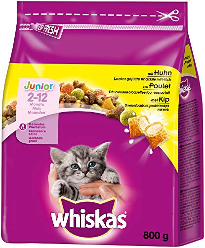 Whiskas Katzenfutter Trockenfutter Junior <1 für Kätzchen/Kitten mit Huhn, 5 Beutel (5 x 800g)