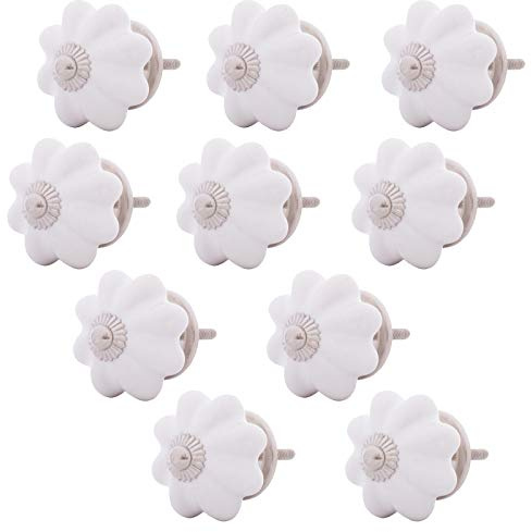 Knober Möbelknöpfe Keramik Weiß Porzellan 40mm Landhausstil Shabby-Chic Schrankknopf Türgriff (08. 10 Stück BLANC07)