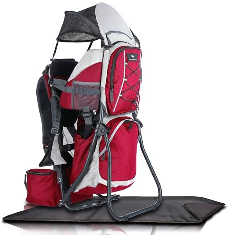 Dromader Kraxe Kindertrage bis 22kg - Baby Rückentrage Wandern mit Sonnendach Regenschutz - Babytrage Outdoor Trekking mit Thermotasche Wickelmatte - Einhändig klappbarer Aluminiumrahmen – Rot