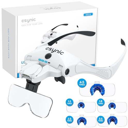 eSynic Headband Magnifying Glass Rechargeable Head Magnifier Wear Comfortably HeadMount Magnifying Glass With Light Support|4 LED Lights|1.2-4.5X HD Lens|Power Indicator Light| for Reading Crafts,etc