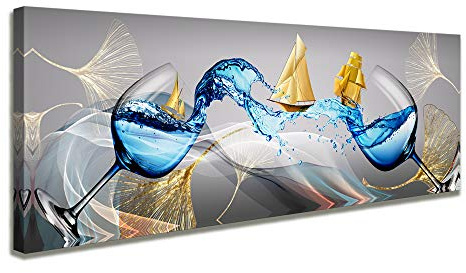 Visario quadro su tela 120x40 cm 5754 calici di vino con onde e barca a
