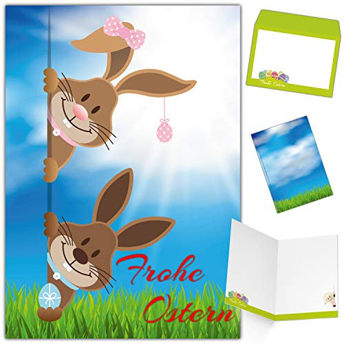 BREITENWERK Osterkarten mit Umschlag (15er Set) OSTERHASE & OSTERHÄSIN - lustige Klappkarten ideal privat und geschäftlich - Frohe Ostern Karten