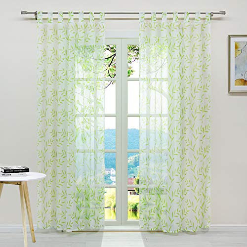 ESLIR Gardinen mit Schlaufen Vorhänge Voile Fensterschal Transparent Schlaufenschal Modern mit Blätter Muster 1 Stück Grün BxH 140x145cm 1 Stück