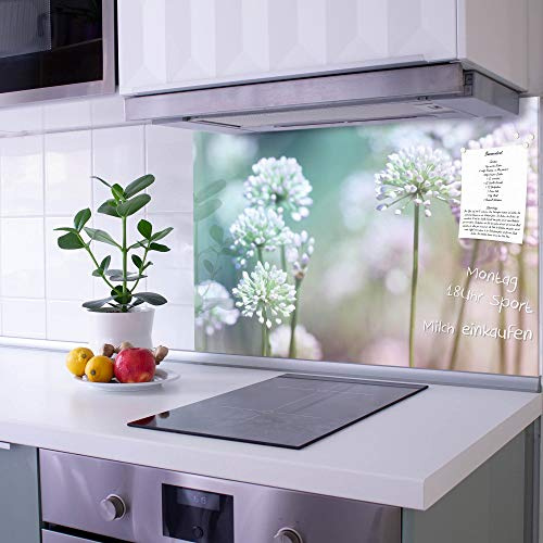 banjado Küchenrückwand Glas ohne Bohren 60x40cm – Glasrückwand Küche mit Motiv Lauchblüte/Spritzschutz Küchenrückwand Glas/selbstklebende Küchenrückwand Platte - magnetisch & beschreibbar
