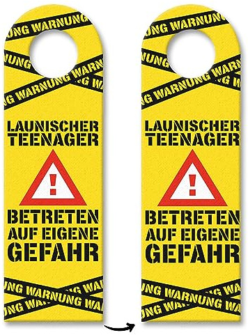 Warnung Launischer Teenager Türhänger mit Warnzeichen in gelb Betreten auf eigene Gefahr für Jugendliche die oft genervt oder zickig sind um den Eltern zu zeigen wie die Laune gerade ist