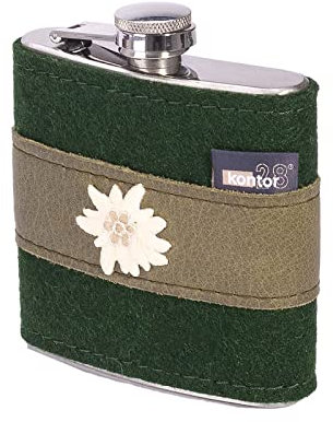 kontor28 - Design Flachmann mit Hülle aus 100% Natur Filz + Büffel Leder, auslaufsicher aus hochwertigem Edelstahl, handgefertigt Made in Germany, für Spirituosen, Outdoor, Wandern, Ski, dunkelgrün