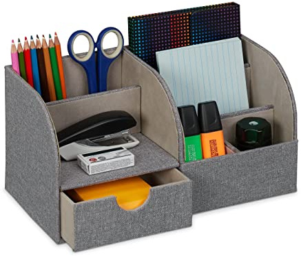 Relaxdays Schreibtisch Organizer, Schublade & 6 Fächer, Leinenoptik, HBT: 14,5 x 28 x 14,5 cm, Stiftehalter Büro, grau | HBT: 14,5 x 28 x 14,5 cm, Stiftehalter Büro