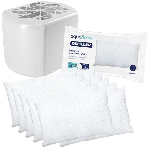 Aquafloow Deumidificatore + 10x250g Sacchetti di Ricarica Granulati | Bianco Deumidificatore per Casa, Assorbitore di Umidità Riduce Muffa | Deumidificatore senza Elettricità con Granuli Ricaricabile